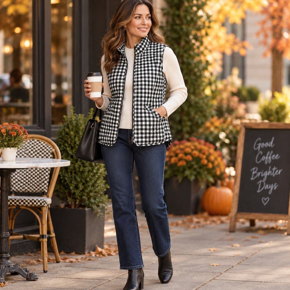Talbots Petite Medium Navy White Gingham Quilted Zip Vest Pockets Preppy Fall